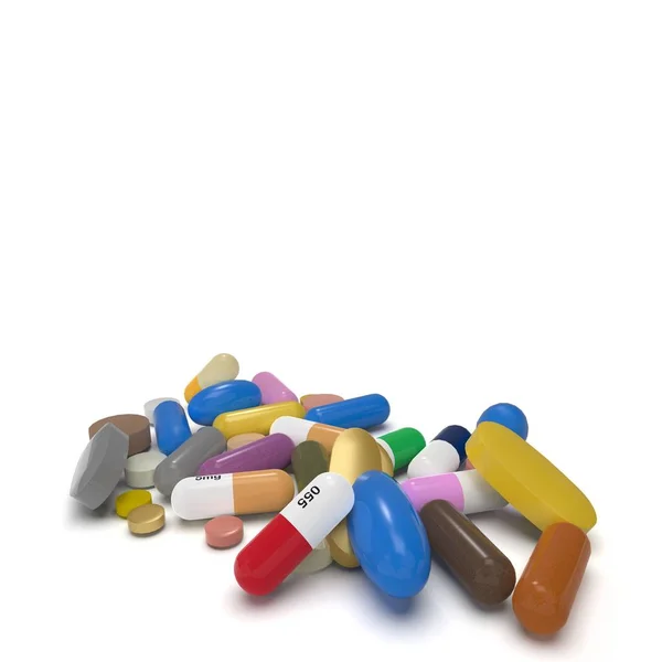 Multicolor pills isolated on white background 3d rendering — Stock Photo, Image