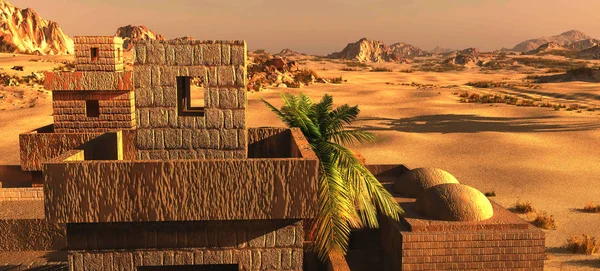 Arabic town on desert, 3d rendering — Stock Photo, Image