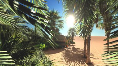 Akşamları, 3d render vahşi üzerinde bol tropikal bitki