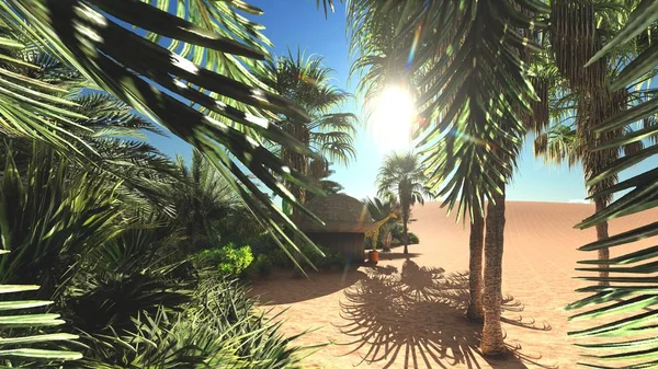 Akşamları, 3d render vahşi üzerinde bol tropikal bitki