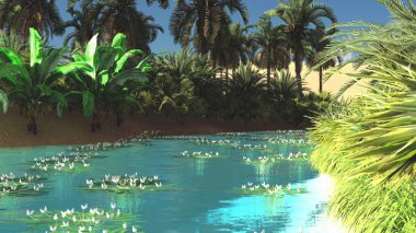Zengin tropikal bitki örtüsü vahşi üzerinde daha sonra gün, 3d render