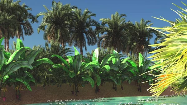 Verdantes plantas tropicais em terrenos baldios à noite, 3d renderização — Fotografia de Stock