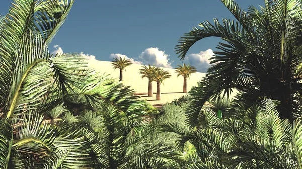 Yemyeşil muhteşem bitkiler üzerinde vahşi akşamları, 3d render