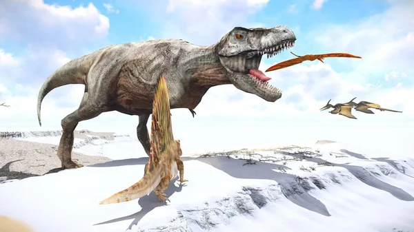 Velociraptor e rendering pterodattilo 3d — Foto Stock