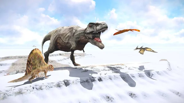 Velociraptor und Pterodactyl 3D-Rendering — Stockfoto