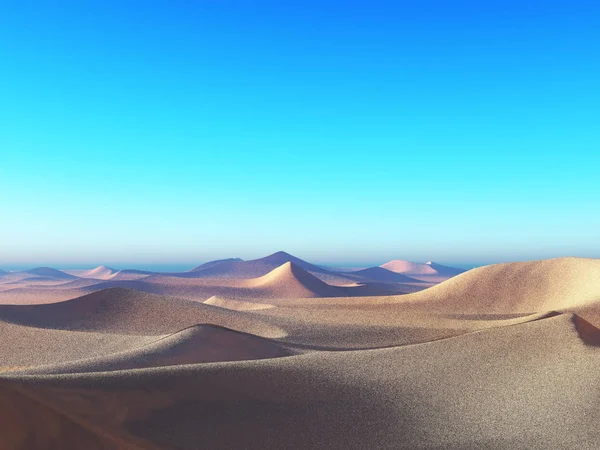 Idea mundial de cambio de temperatura. dunas de arena solitarias bajo espectacular puesta de sol cielo en el desierto de sequía paisaje 3d representación —  Fotos de Stock