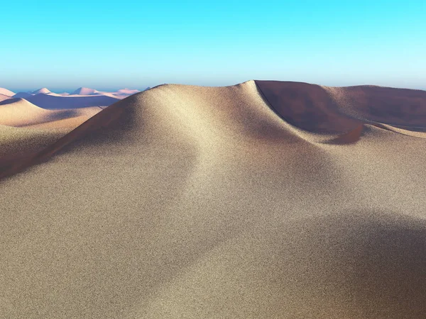 Idea mondiale di cambiamento di temperatura. dune di sabbia solitarie sotto spettacolare cielo tramonto serale a siccità deserto paesaggio 3d rendering — Foto Stock