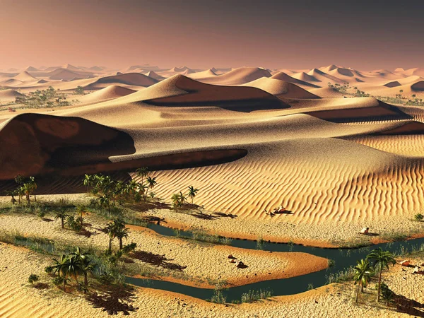 Worldwide temperature change idea. solitary sand dunes under spectacular evening sunset sky at drought desert landscape 3d rendering — Stock Photo, Image