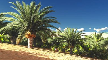 Yemyeşil muhteşem bitkiler üzerinde vahşi akşamları, 3d render