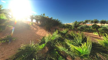 Yemyeşil muhteşem bitkiler üzerinde vahşi akşamları, 3d render