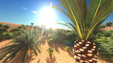 Yemyeşil muhteşem bitkiler üzerinde vahşi akşamları, 3d render