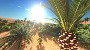 Lush spectacular plants on wilderness in the evening, 3d rendering clipart