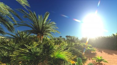 Yemyeşil muhteşem bitkiler üzerinde vahşi akşamları, 3d render