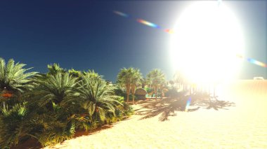 Yemyeşil muhteşem bitkiler üzerinde vahşi akşamları, 3d render