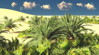 Yemyeşil muhteşem bitkiler üzerinde vahşi akşamları, 3d render