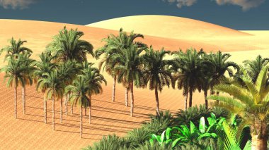 Yemyeşil muhteşem bitkiler üzerinde vahşi akşamları, 3d render