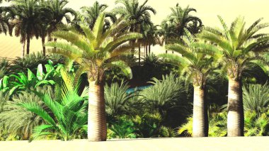 Yemyeşil muhteşem bitkiler üzerinde vahşi akşamları, 3d render