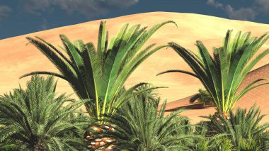 Yemyeşil muhteşem bitkiler üzerinde vahşi akşamları, 3d render