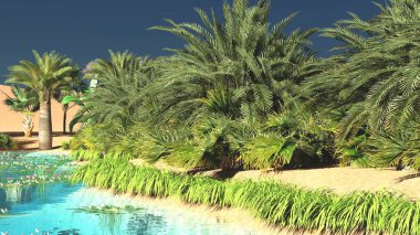 Yemyeşil muhteşem bitkiler üzerinde vahşi akşamları, 3d render