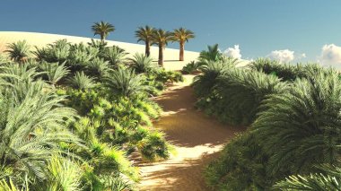 Yemyeşil muhteşem bitkiler üzerinde vahşi akşamları, 3d render