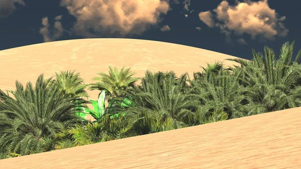 Yemyeşil muhteşem bitkiler üzerinde vahşi akşamları, 3d render