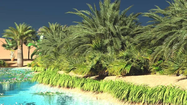 Yemyeşil muhteşem bitkiler üzerinde vahşi akşamları, 3d render