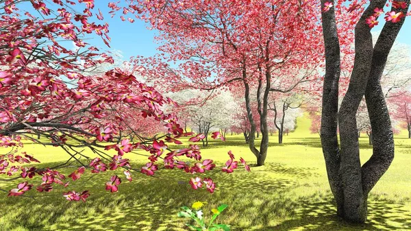 Floraison de cornouillers dans le verger au printemps rendu 3d — Photo