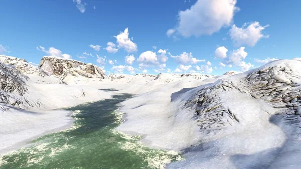 Repül a hegyek felett a napsütéses napon 3d renderelés — Stock Fotó