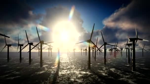 Schemering luchten over turbines windmolen — Stockvideo