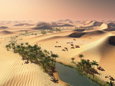 Yemyeşil muhteşem bitkiler üzerinde vahşi akşamları, 3d render