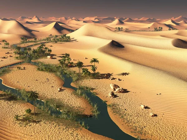 Geweldig gezicht op Saharawoestijn bij zonsondergang 3D-rendering — Stockfoto