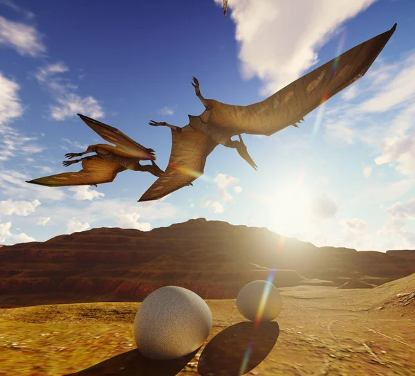 Volar pterodáctilo contra el hermoso paisaje nublado 3d ilustración —  Fotos de Stock