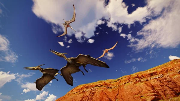 Volar pterodáctilo contra el hermoso paisaje nublado 3d ilustración —  Fotos de Stock