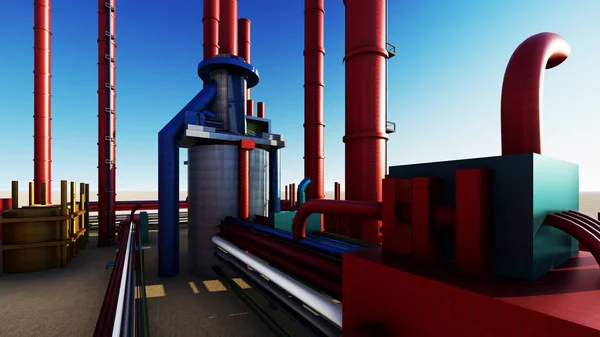 Steel pipes in crude oil factory 3d rendering — Stock Photo, Image