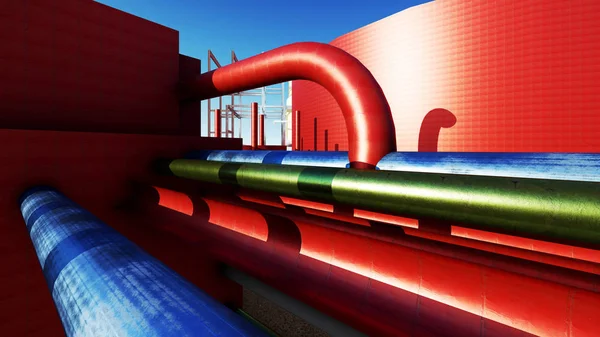 Tubos de aço na fábrica de petróleo bruto 3d renderização — Fotografia de Stock