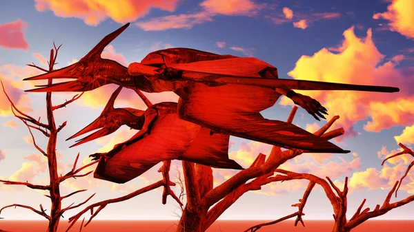 Pterodattilo volante contro il bellissimo paesaggio nuvoloso illustrazione 3d — Foto Stock