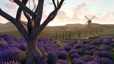 Yalnız ağaç 3d render ile lavanta alanlar
