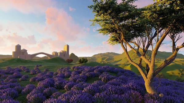 Lavendel fält med en solitära träd 3d-rendering — Stockfoto