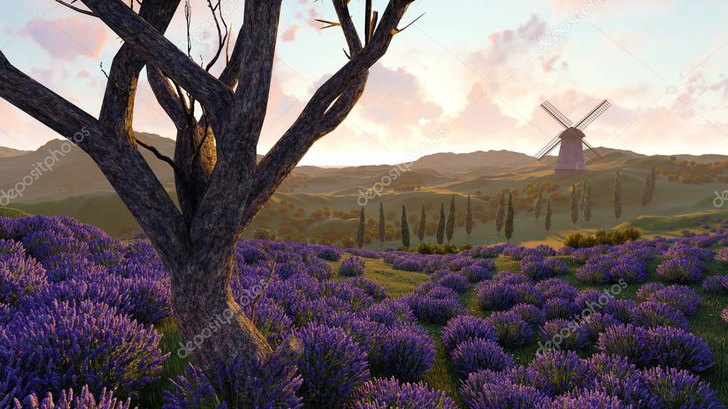 Lavender fields with a solitary tree 3d rendering