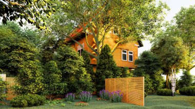 İngilizce bahçe ev 3d render
