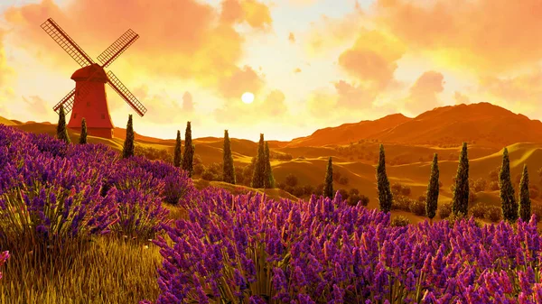 Campos de lavanda paisaje 3d renderizado — Foto de Stock