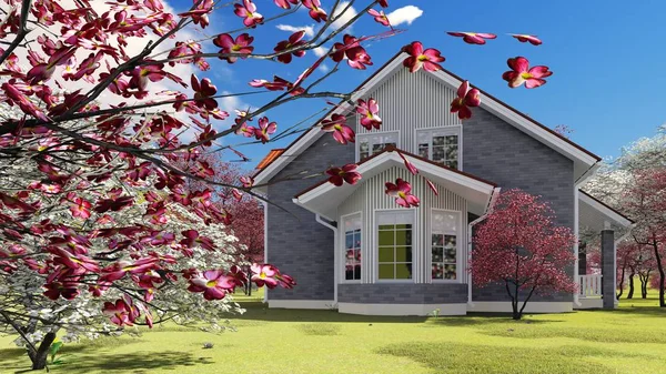 Summer cottage in the spring garden 3d rendering — Stock Photo, Image