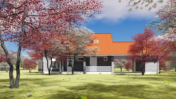 Chalet d'été dans le jardin de printemps rendu 3d — Photo