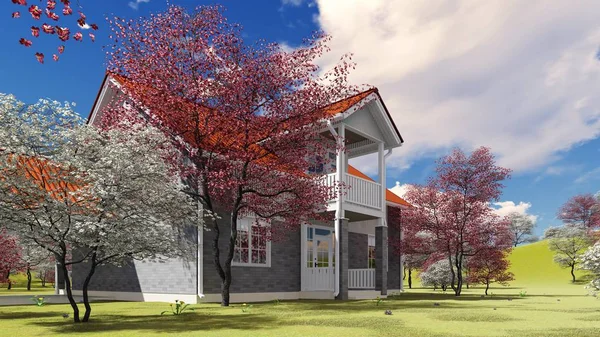 Summer cottage in the spring garden 3d rendering — Stock Photo, Image