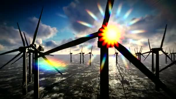 Soumraku oblohy nad větrným mlýnem pobřežní turbíny farmy — Stock video