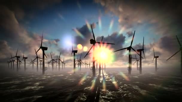 Skymningen himmel över väderkvarn offshore turbiner gård — Stockvideo