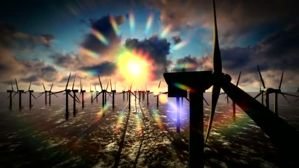 Cielos del atardecer sobre molino de viento turbinas offshore granja — Vídeos de Stock