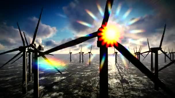 Schemering luchten over windmolen offshore windturbines boerderij — Stockvideo