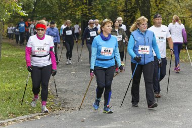 Wroclaw, Polonya - 15 Ekim 2017: Fitness insanlarda rekabet şehir parkta yürüyüşü kursu