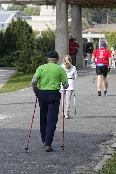 WROCLAW, POLONIA - 15 DE OCTUBRE DE 2017: La gente en el curso de fitness nordic walking competition in the city park — Foto de Stock